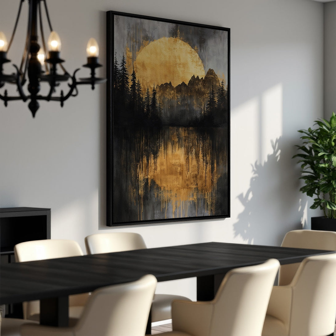 Framed Wall Art: Abstract landscape Canvas Print with gold and black color palette. Modern art for your home decor.