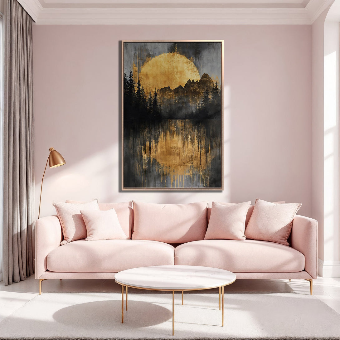 Framed Wall Art featuring a golden sunset landscape. Modern abstract style with black, gold, and grey tones. Perfect for adding a touch of elegance to any room.