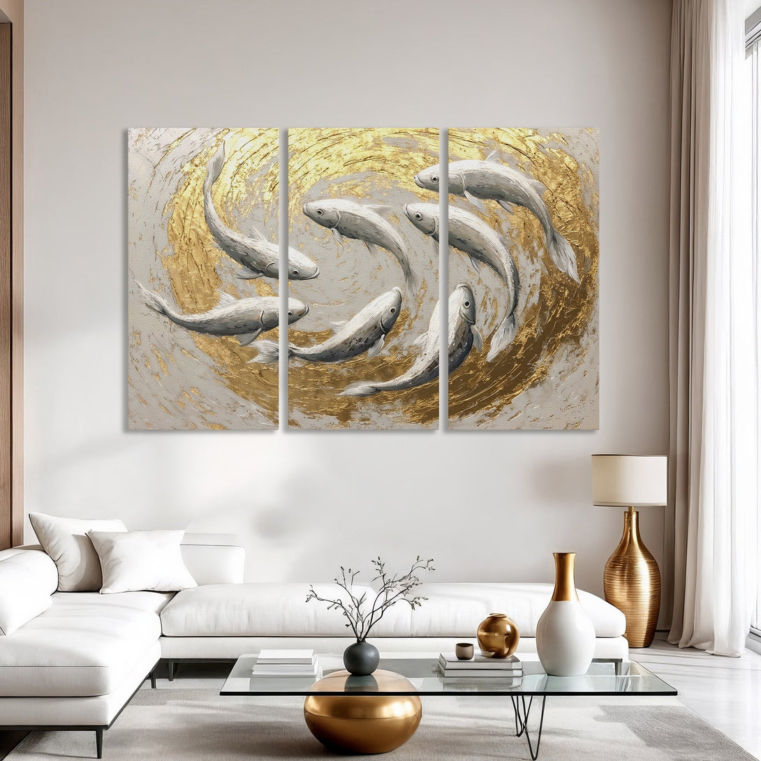 Canvas Print of abstract koi fish art in gold and gray tones, perfect for modern home decor.