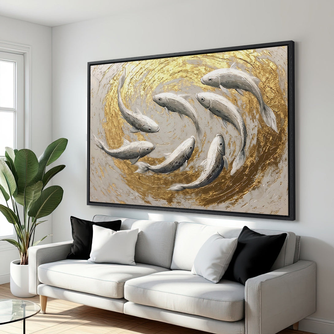 Framed Wall Art: Abstract fish painting in gold and gray tones. Modern art for your home.