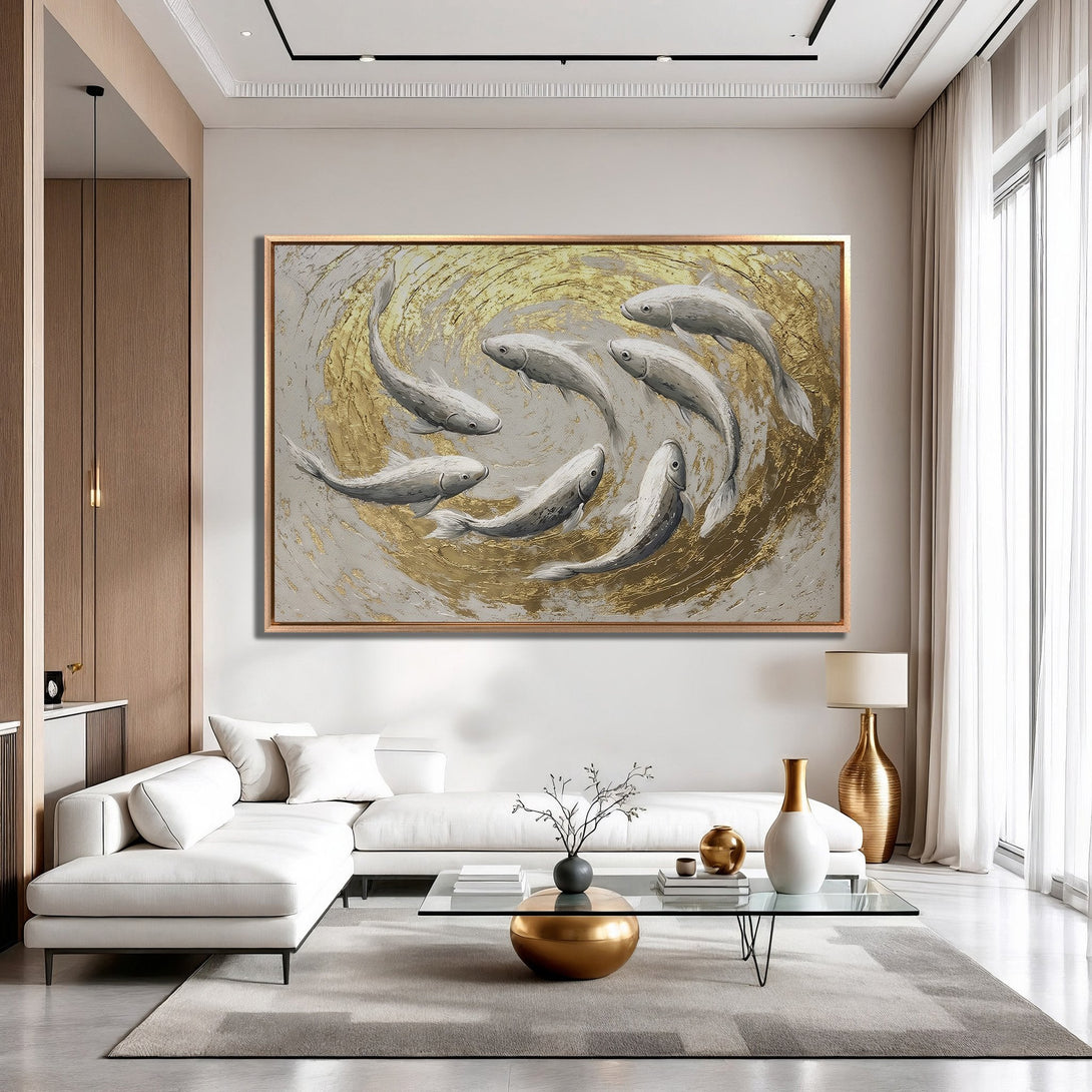 Framed Wall Art: Abstract fish painting in gold, gray, and white. Modern art canvas print for a stylish interior.