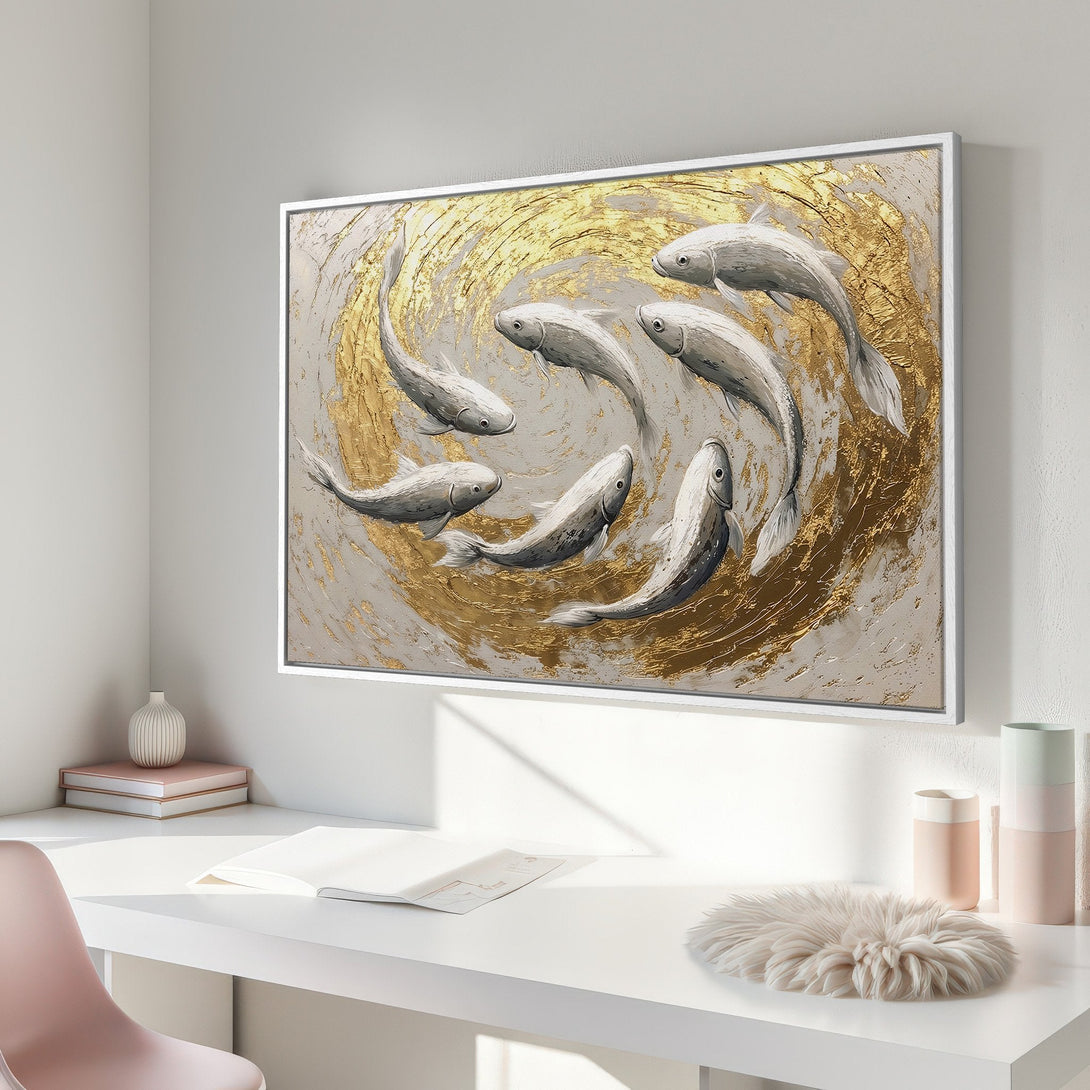 Framed Wall Art: Abstract fish painting in gold, gray, and white. Modern art for home decor.