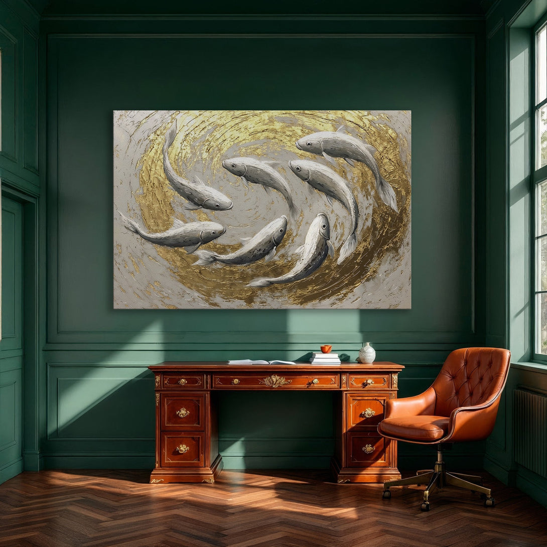 Framed Wall Art: Abstract fish painting in gold and gray tones. Modern art canvas print adds elegance to dining room decor.
