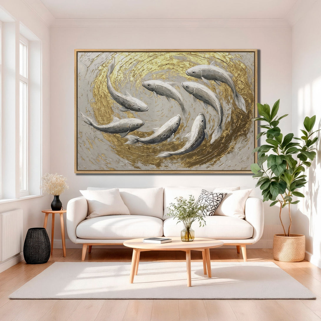 Framed Wall Art featuring abstract koi fish in gold and gray, perfect for modern interior decor. Shop our Canvas Print collection!