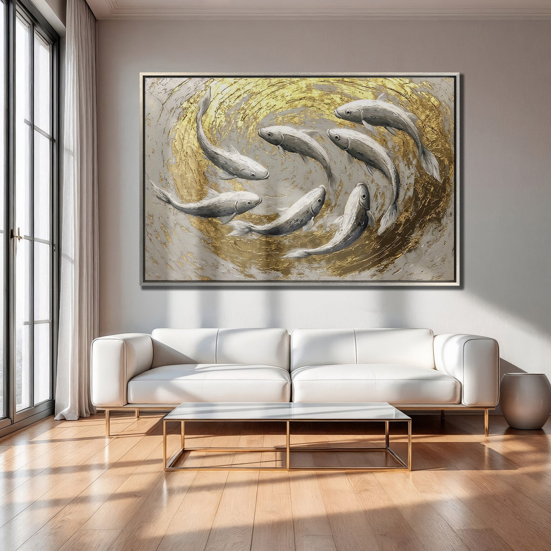 Framed Wall Art: Abstract fish painting in gold and gray tones. Modern canvas art for living room decor. Enhance your space with this elegant art piece.