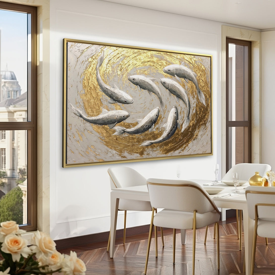 Canvas Print of swirling fish art in gold and gray tones, displayed in a sophisticated green interior. Modern abstract wall art.