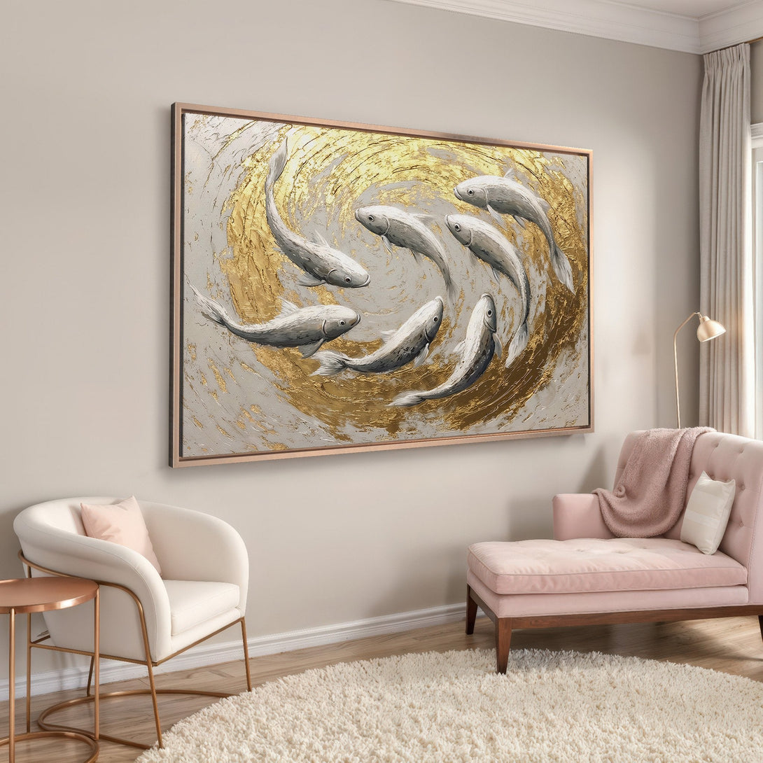 Framed Wall Art: Abstract koi fish painting in gold & gray. Modern art canvas print for living room decor. Neutral color palette.