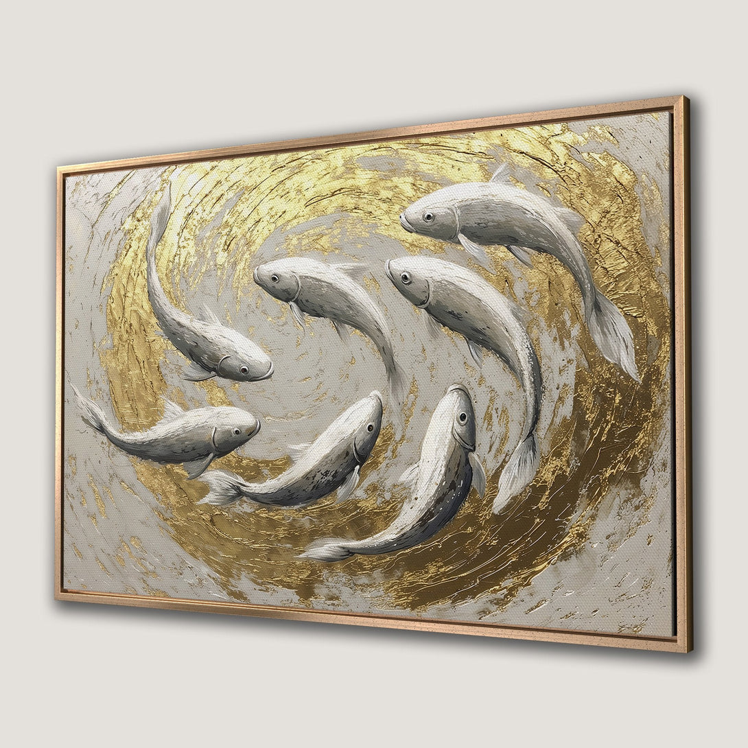 Framed Wall Art featuring abstract koi fish in a gold and gray palette. Modern art Canvas Print perfect for any decor.