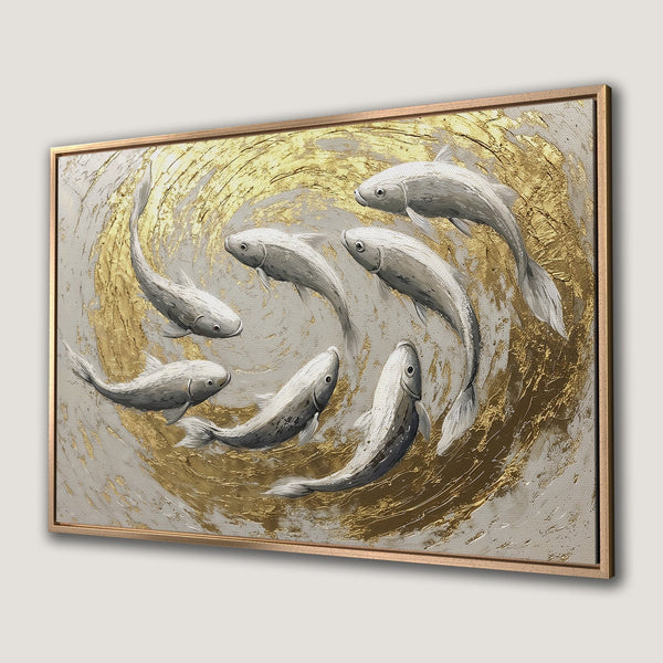 Framed Wall Art featuring abstract koi fish in a gold and gray palette. Modern art Canvas Print perfect for any decor.