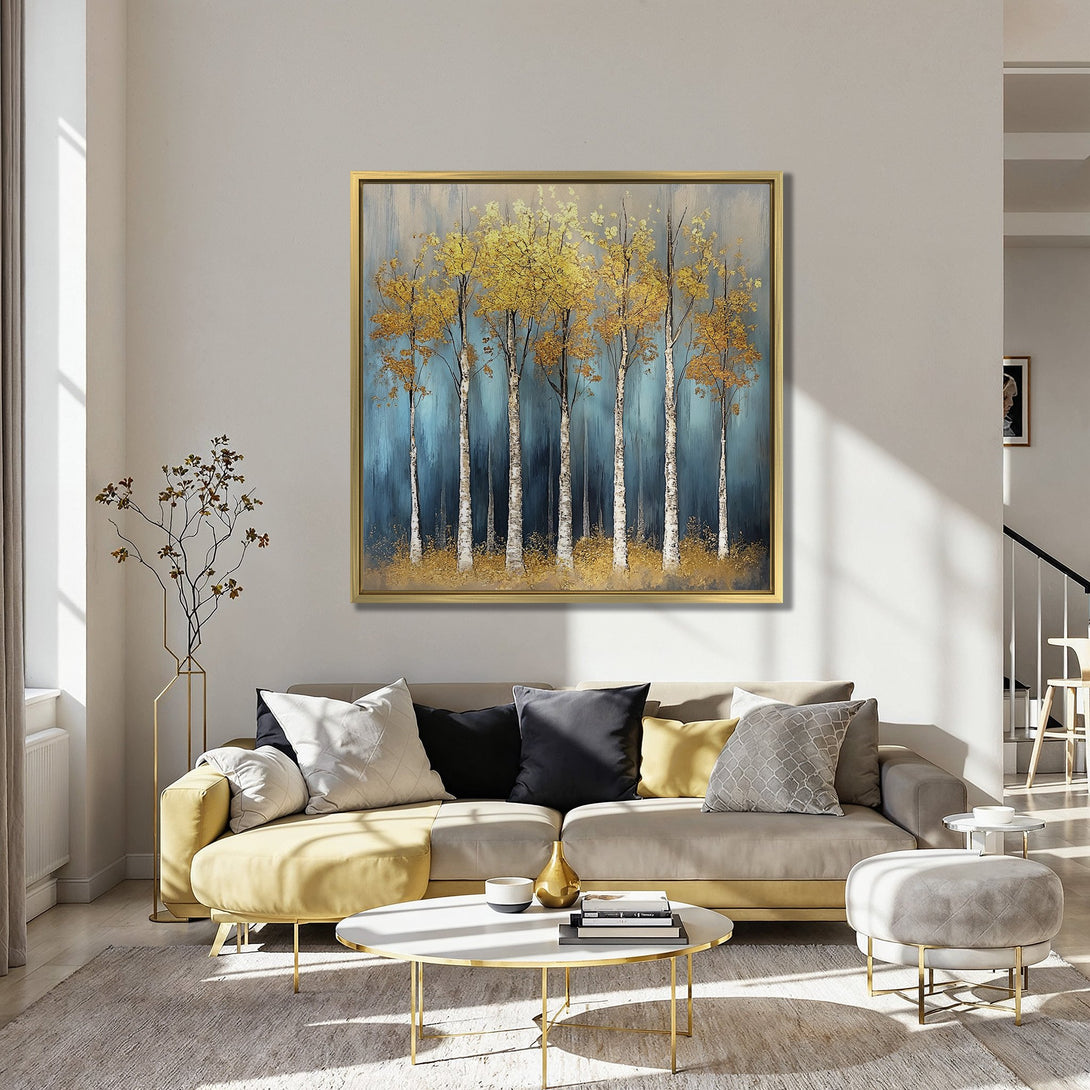 Canvas Print of golden birch trees against a blue background. Modern art with gold, blue, and white color palette. Perfect wall decor.