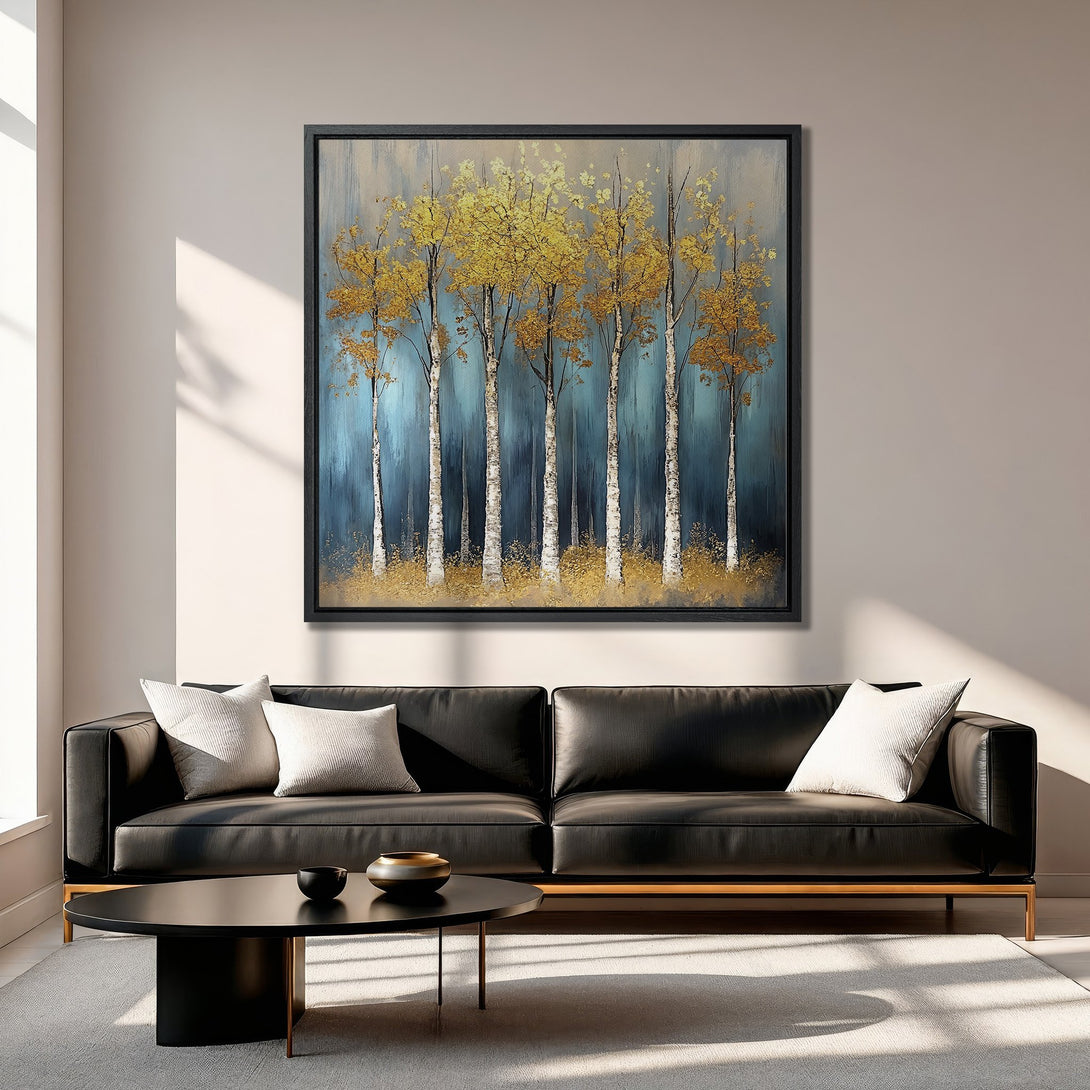 Framed Wall Art: Abstract gold trees on blue canvas. Modern art print adds elegance to any living room. Beautiful gold and blue color palette.