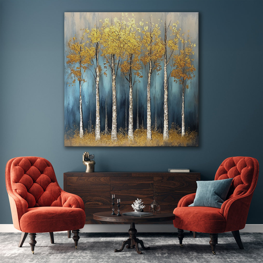 Framed Wall Art: Abstract forest painting with gold and blue tones. Modern decor inspiration for living room. Enhance your space with this stunning canvas print.