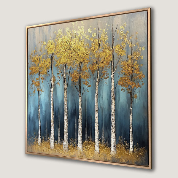 Framed Wall Art: Golden birch trees against a teal and gold abstract background. Bring nature's beauty indoors with this stunning canvas print.