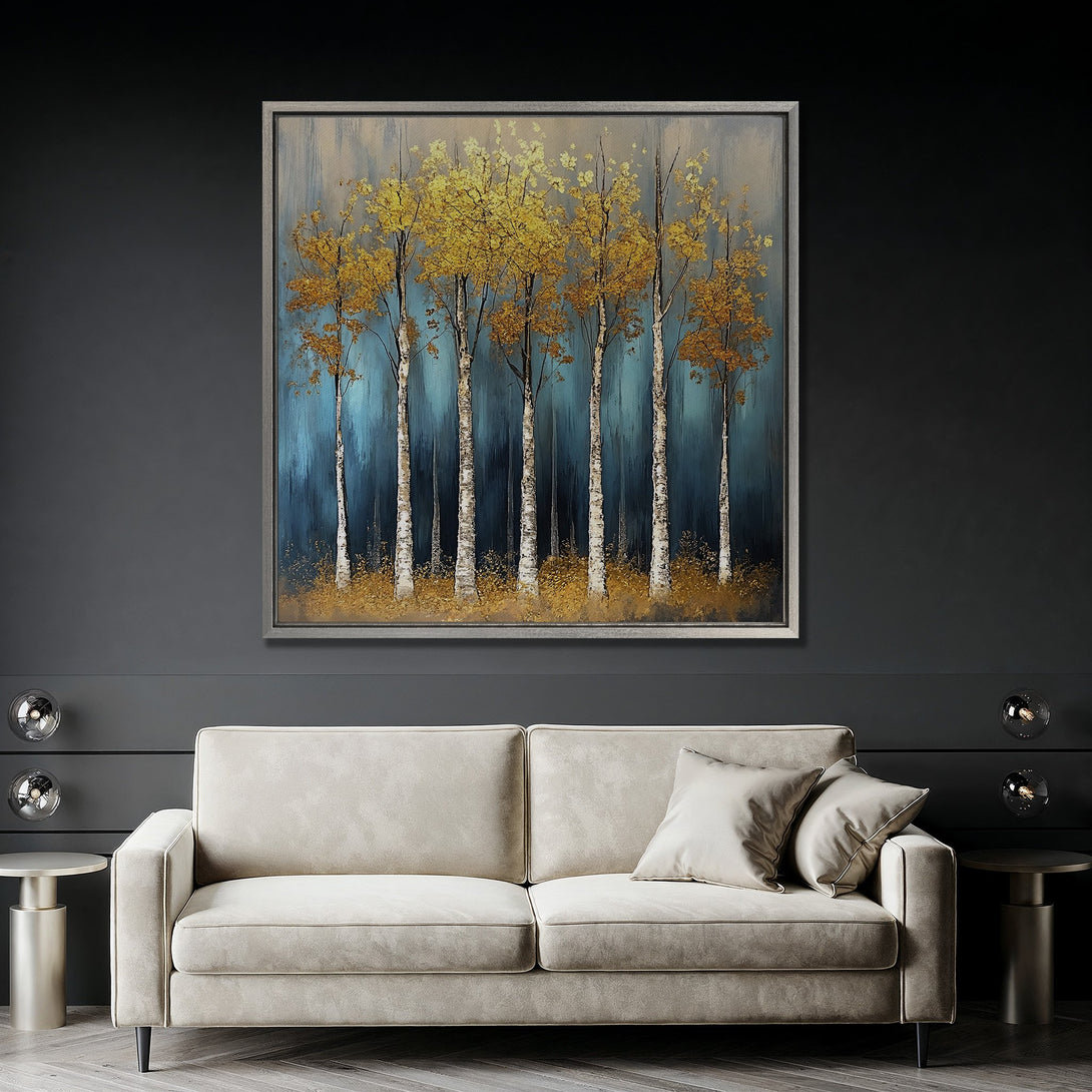 Framed Wall Art: Abstract gold tree painting with blue and gold color palette, displayed above a modern sofa. Perfect for living room decor.