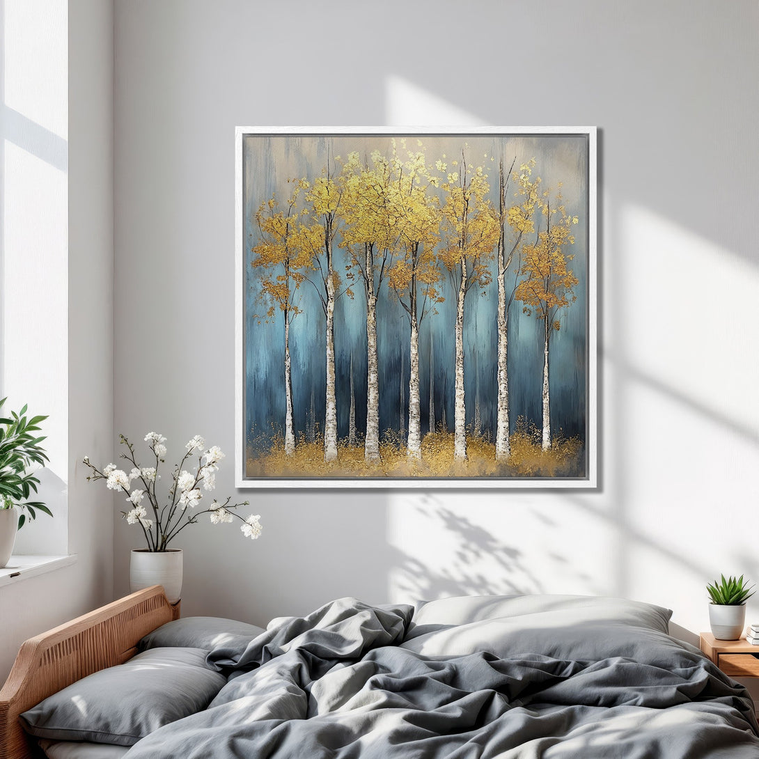Framed Wall Art: Abstract gold trees on blue canvas. Modern art print with a calming, nature-inspired color palette. Perfect bedroom decor.