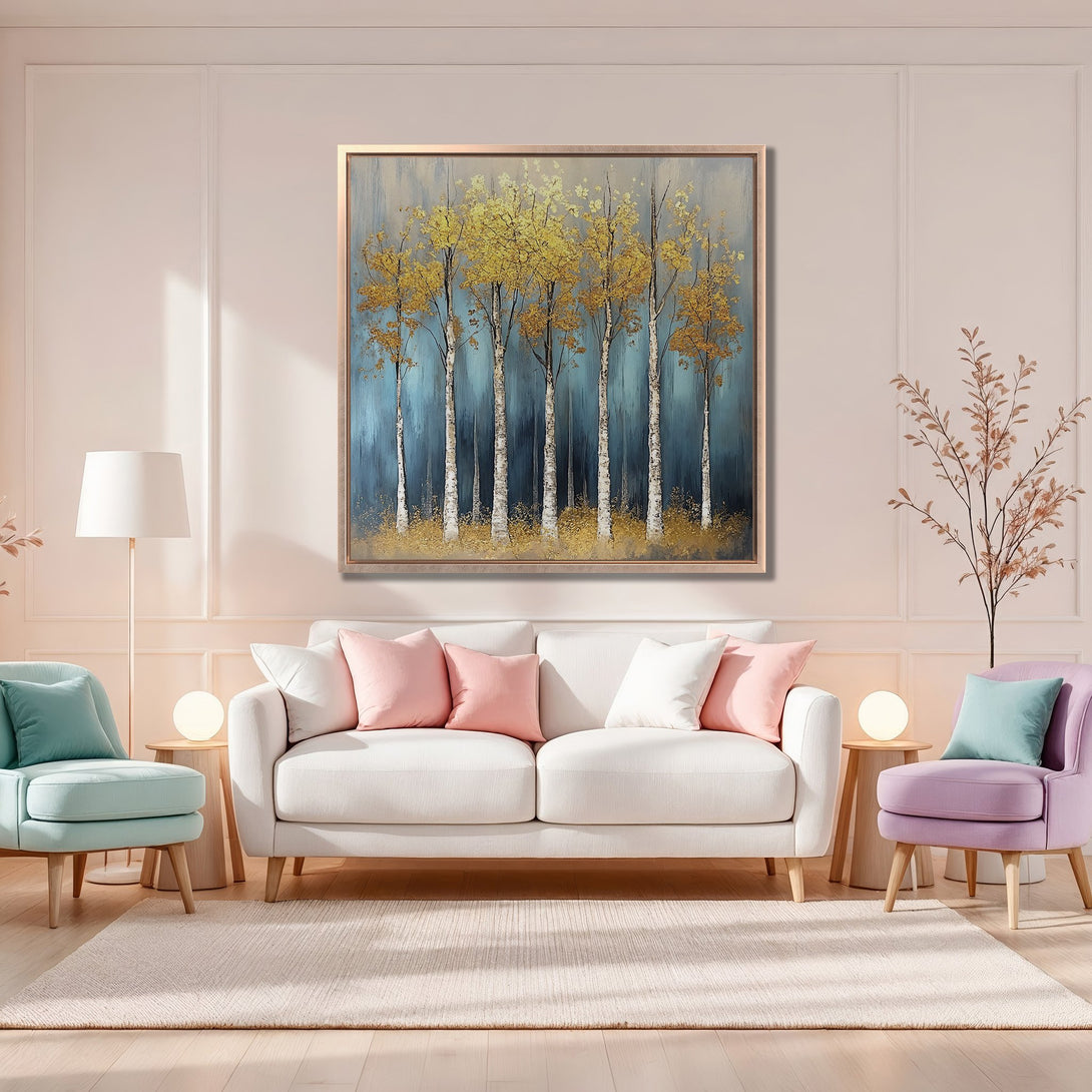 Framed Wall Art of golden trees on a blue background, displayed in a modern living room with a soft, pastel color palette. Enhance your space today!