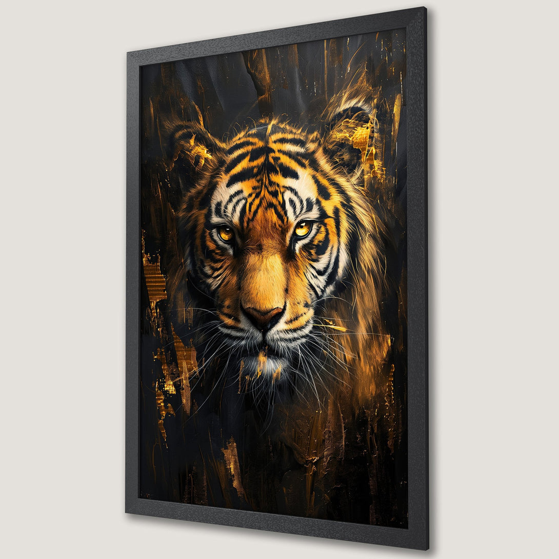 Framed Poster featuring a majestic tiger portrait in a dramatic, abstract style with gold and black color palette. Elevate your space!