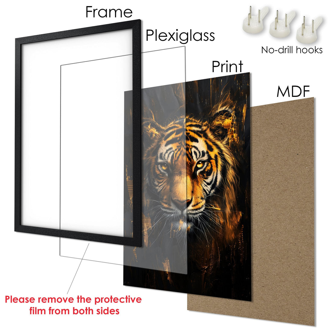 Framed Poster featuring a majestic tiger in a golden and black color palette. Perfect wall art for a stunning home decor.