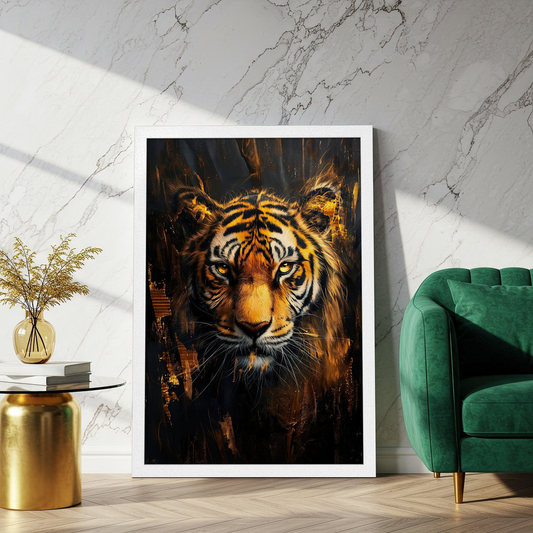 Framed Poster featuring a majestic tiger portrait in a dramatic, modern style. Rich black, gold, and orange color palette. Elevate your space!