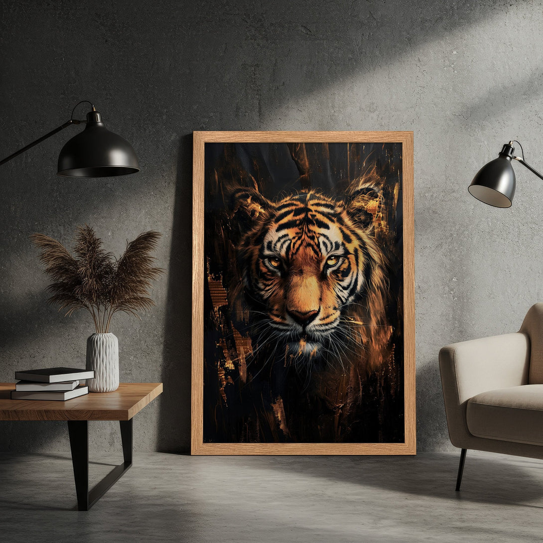 Framed Poster featuring a stunning tiger portrait. Artistic style with a warm, earthy color palette. Perfect wall art for your home!