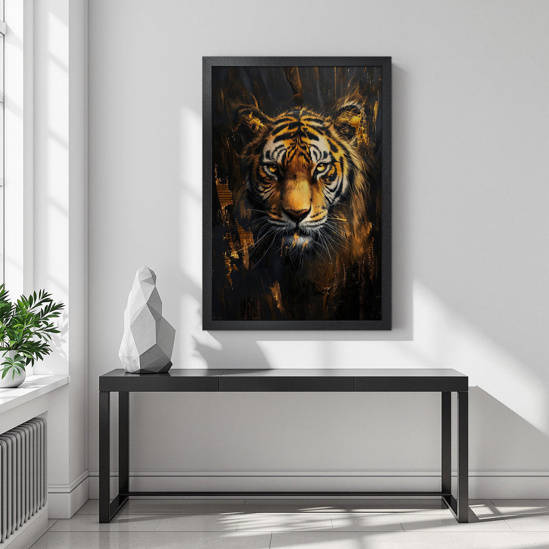 Framed Poster featuring a majestic tiger portrait in a dramatic, gold and black color palette. Elevate your space with this stunning art print.