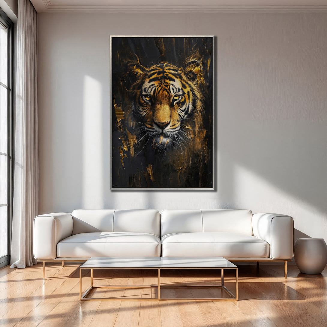 Framed Wall Art: Majestic tiger portrait in gold and black. Modern animal art canvas print perfect for living room decor.