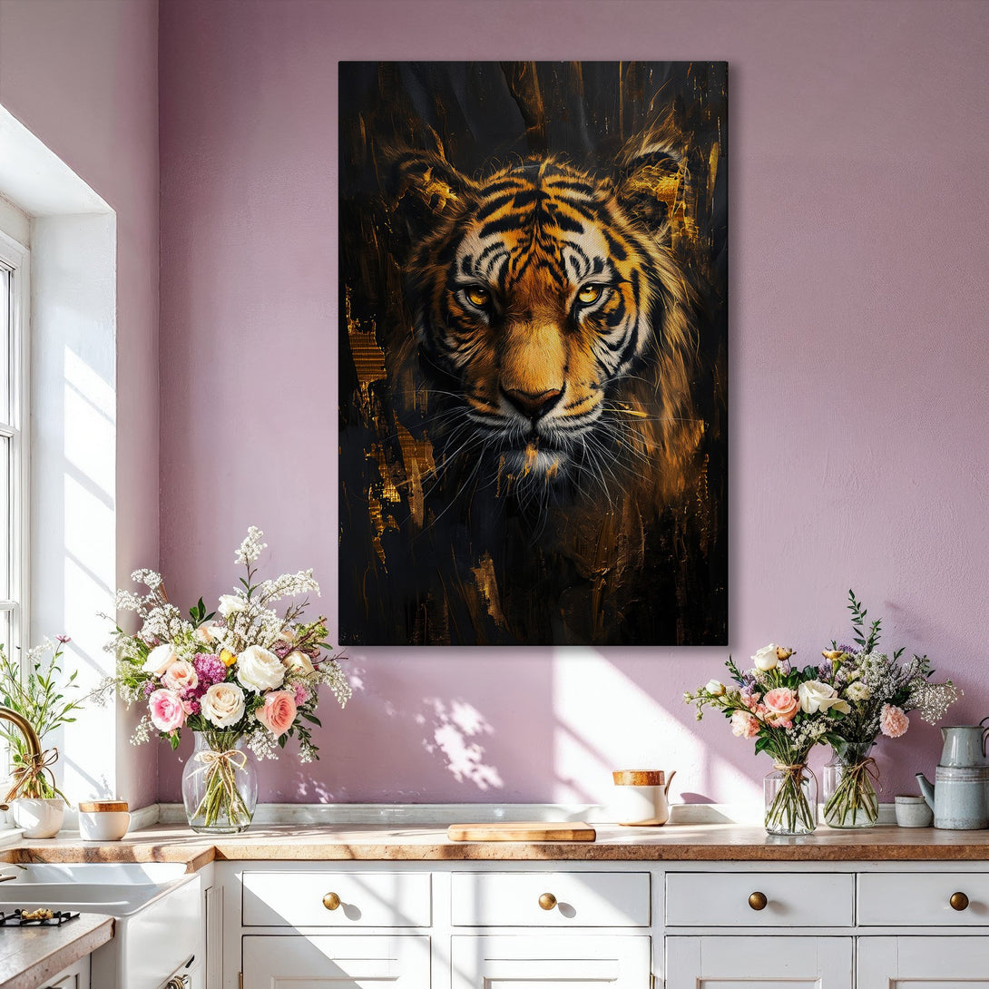 Framed Wall Art of a majestic tiger in a bold, abstract style. Featuring a dramatic black, gold, and brown color palette, perfect for modern decor.