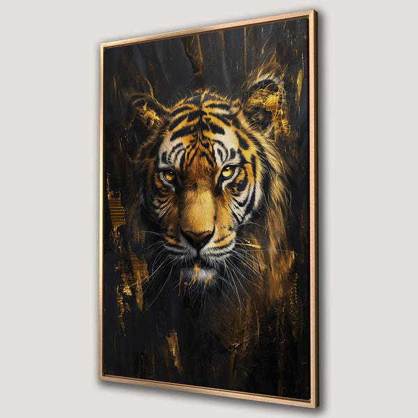 Framed Wall Art featuring a majestic tiger portrait in a bold, abstract style. Rich black and gold color palette, perfect for adding a touch of luxury to your space.