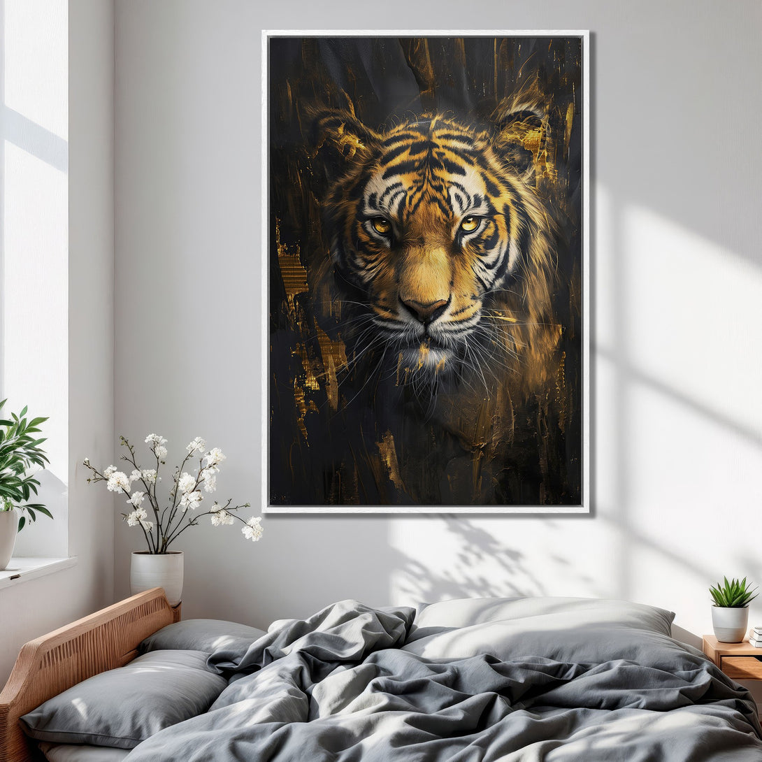 Framed Wall Art: Stunning tiger portrait in a modern, abstract style with gold and black accents. Elevate your space with this captivating canvas print.