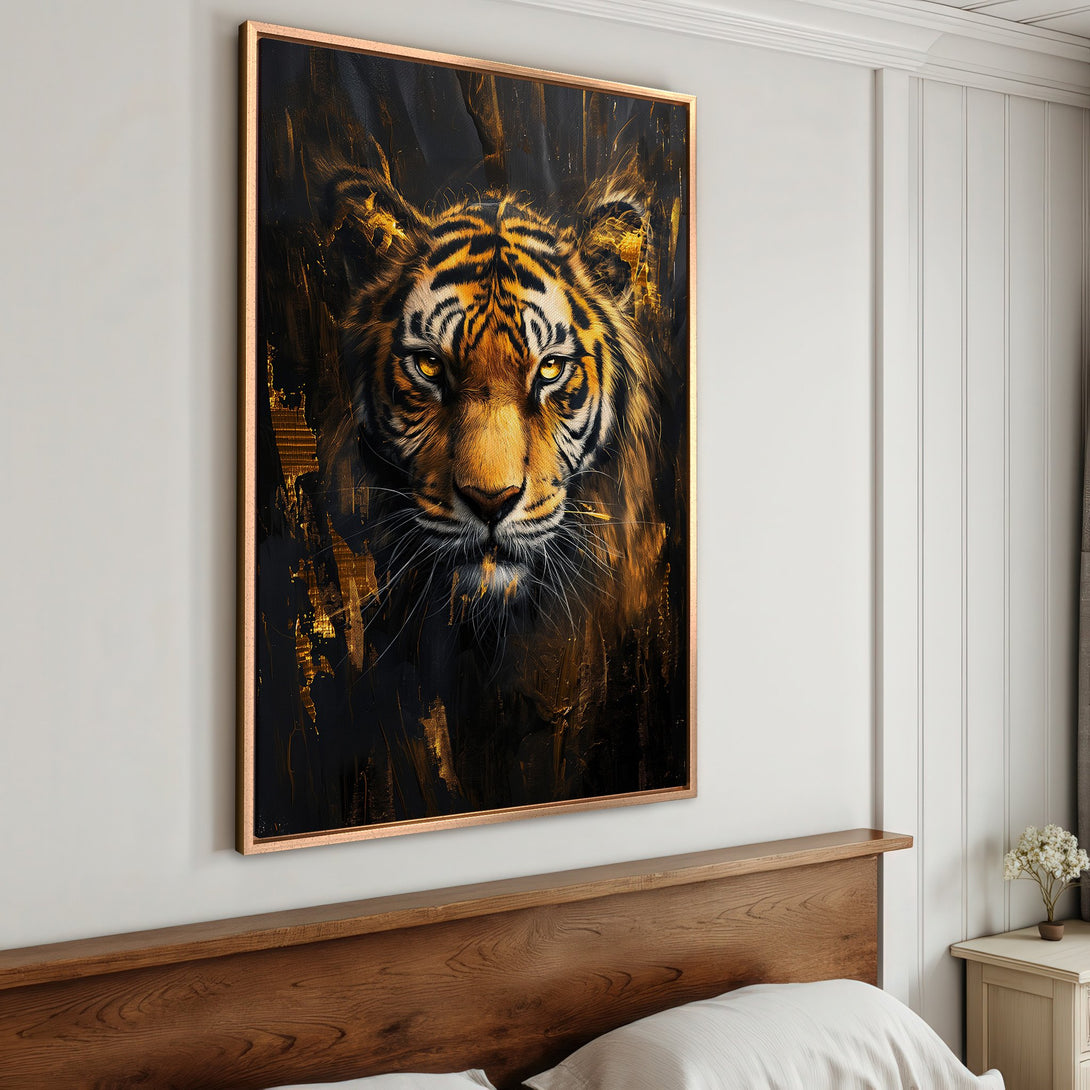 Framed Wall Art: Majestic tiger portrait in a dramatic, abstract style. Rich black and gold color palette adds a touch of luxury to any space.