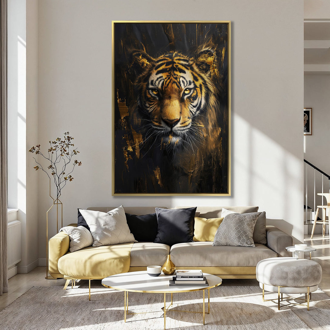 Canvas Print of a majestic tiger portrait in a black and gold color palette, adding a touch of wild elegance to any space.