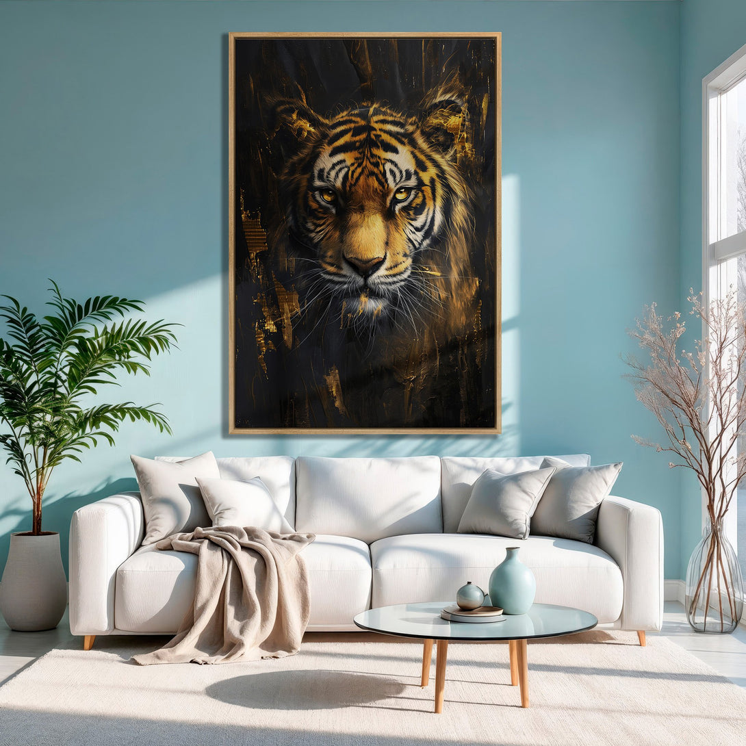 Framed Wall Art: Majestic tiger portrait in black and gold, displayed in a modern living room with a teal wall and white sofa. Adds a touch of wild elegance.