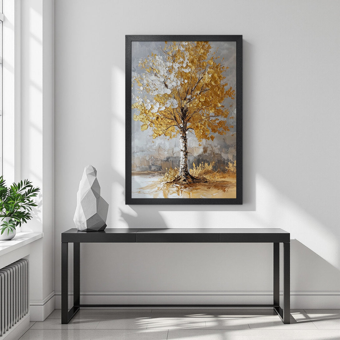 Framed Poster featuring a golden tree art print. Modern style with gold, gray, and white color palette. Enhance your home decor with this stunning Poster.