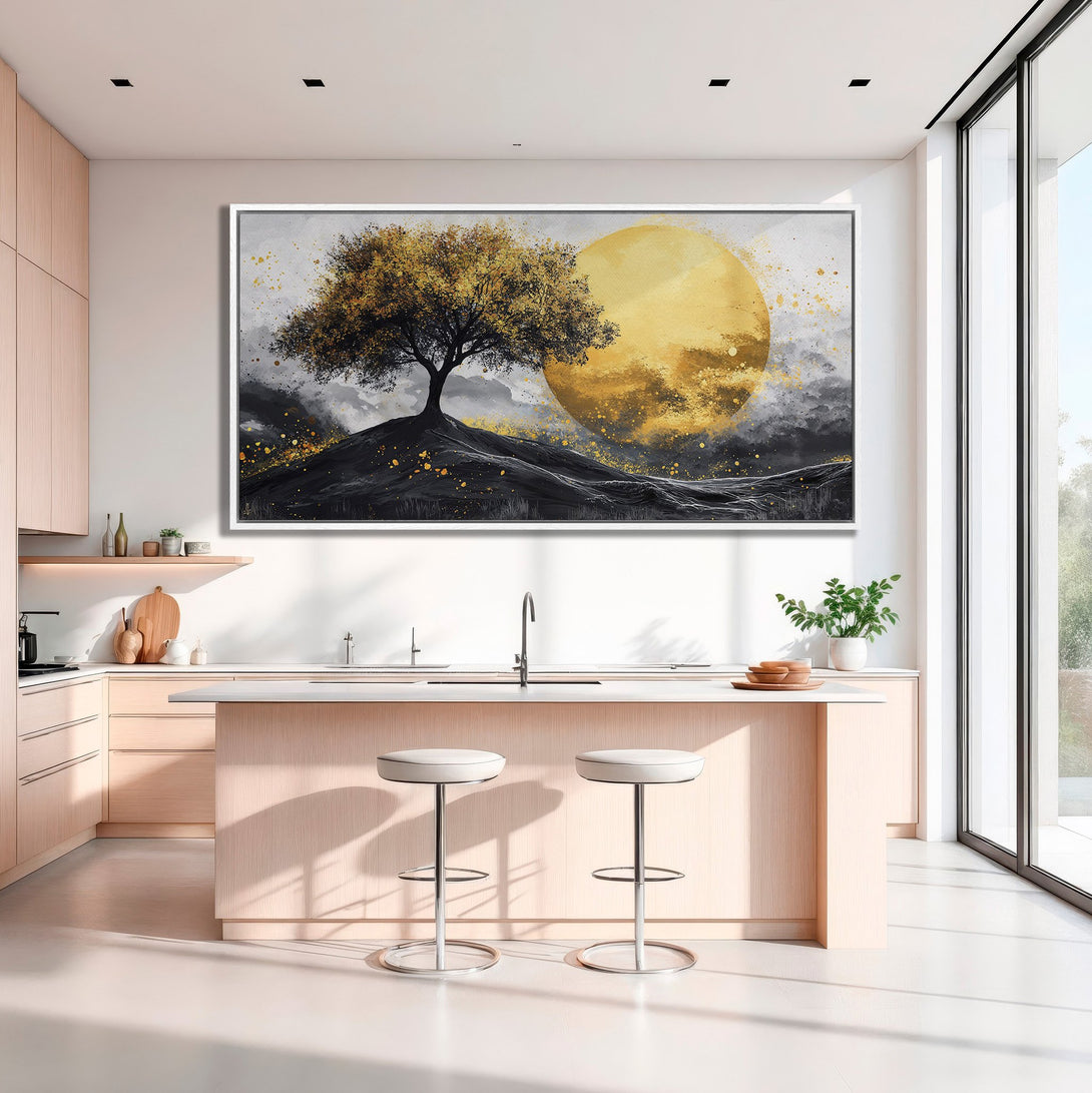 Framed Wall Art: Tree silhouette with golden moon. Abstract style, black, gold, and gray color palette. Perfect for kitchen decor.