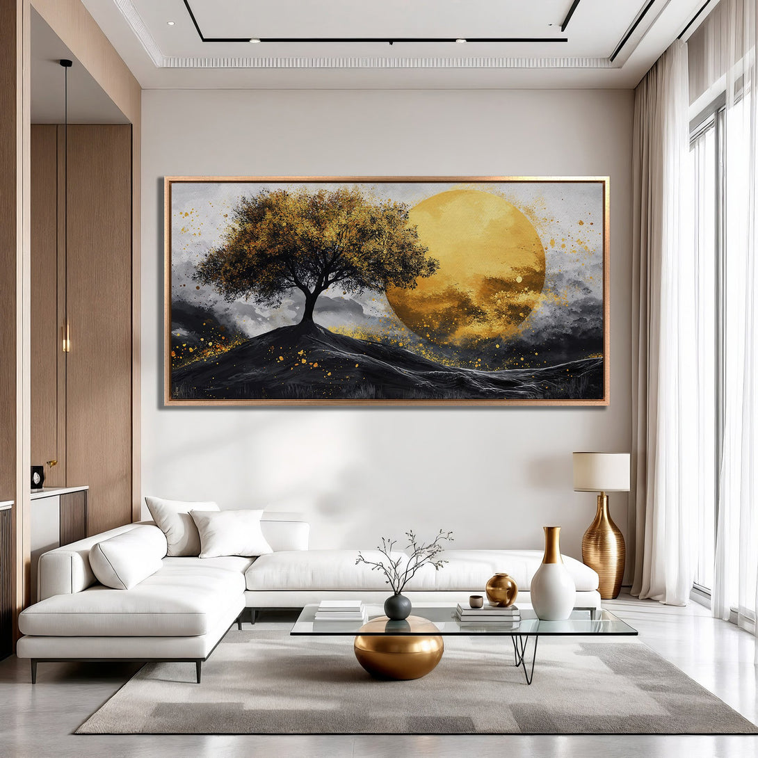 Framed Wall Art: Abstract tree art with gold and black accents. Modern canvas print adds a touch of luxury to any living room.