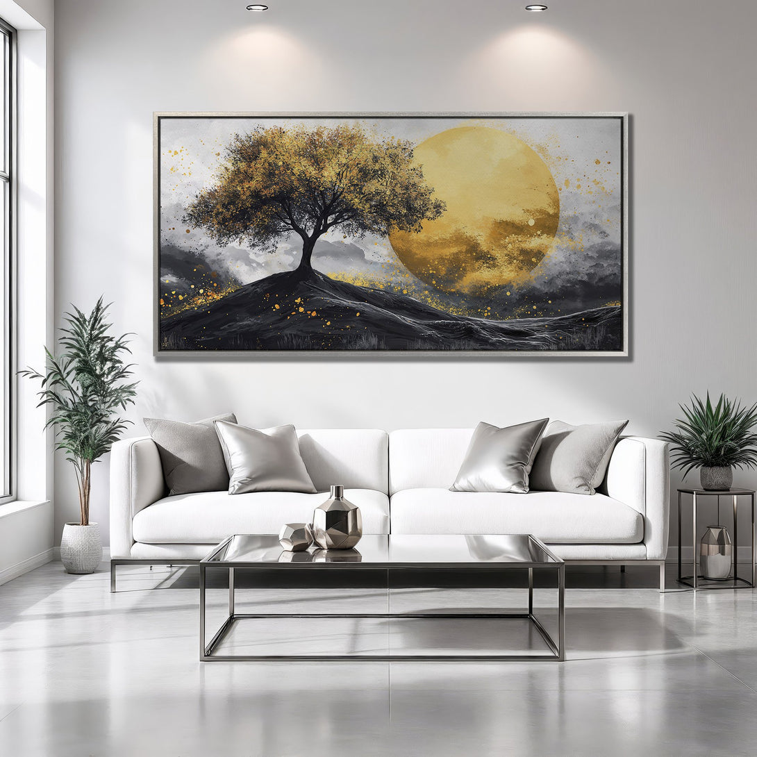 Framed Wall Art: Abstract landscape Canvas Print with gold and black tree, moon, and splashes. Modern art for living room decor.