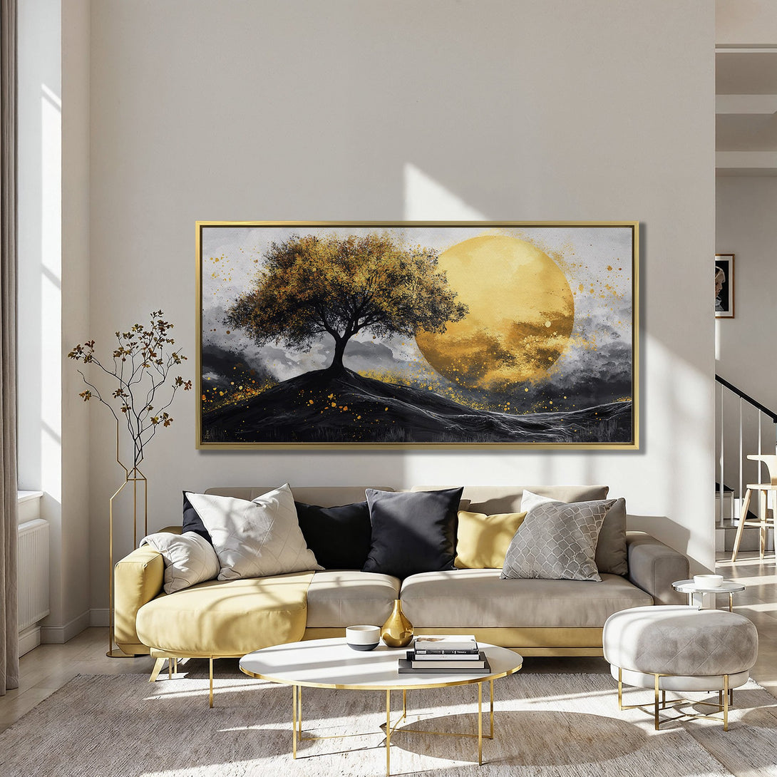 Canvas Print featuring a golden tree and sun against a dark landscape. Artistic style with a warm gold, black, and teal color palette. Perfect wall decor.