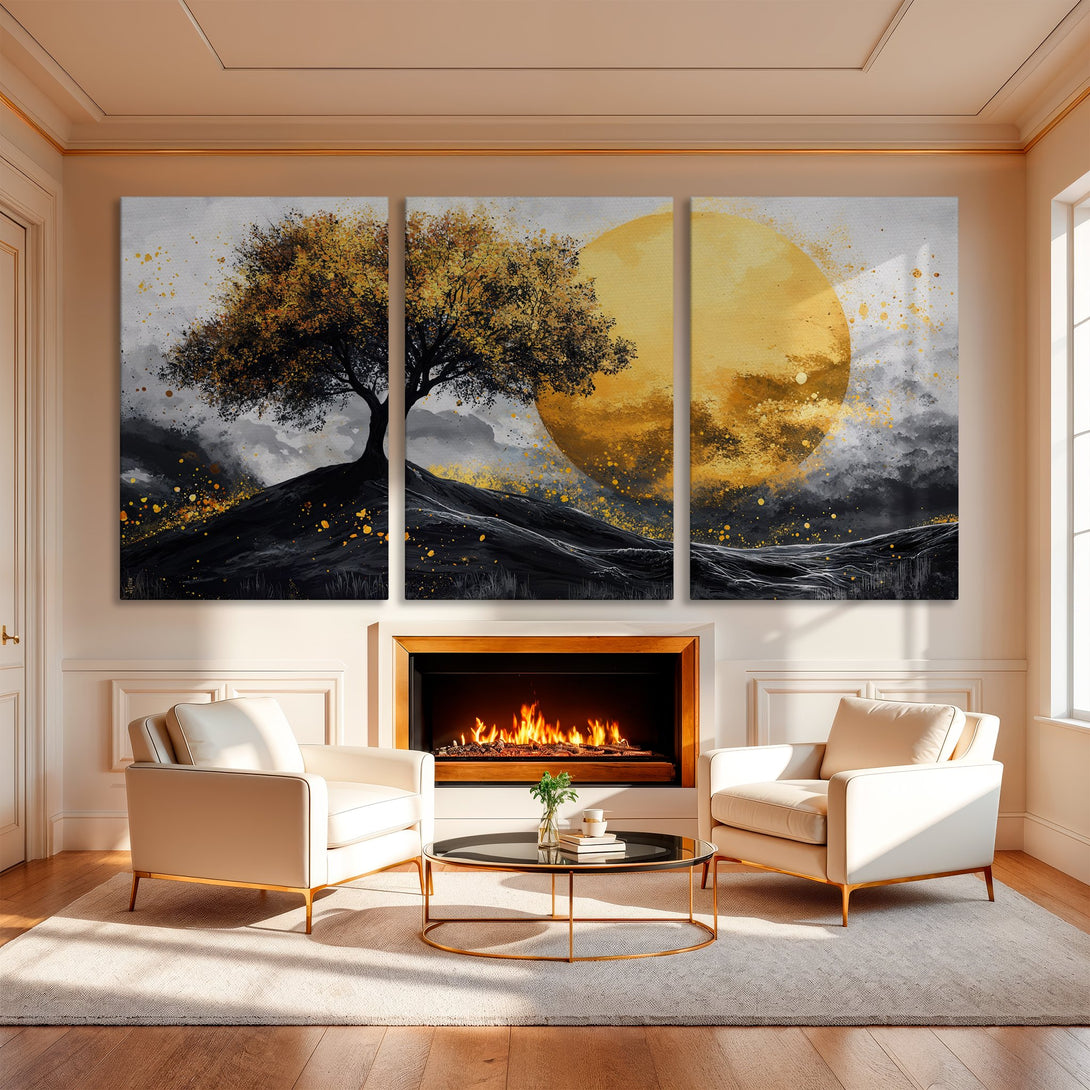 Abstract Canvas Print triptych featuring a tree and golden moon, in a modern interior. Black, gold, and gray color palette. Elevate your space!