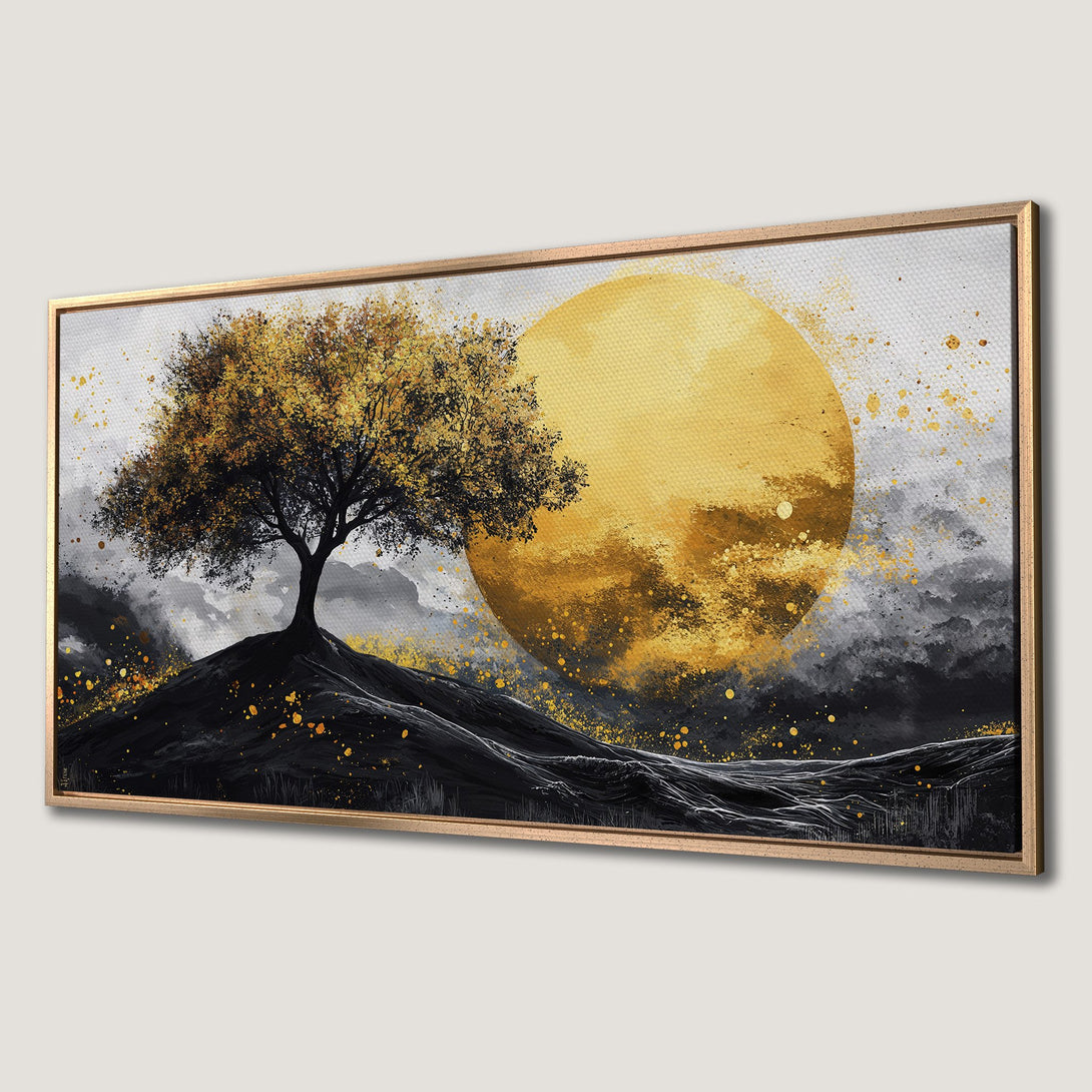 Framed Wall Art: Abstract landscape with a golden tree & sun. Black, gold, and gray color palette. Perfect for modern decor.