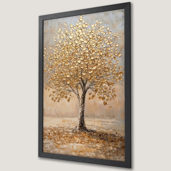 Framed Poster of a golden tree with textured leaves. Modern art style in a neutral beige and gold color palette. Perfect wall decor.