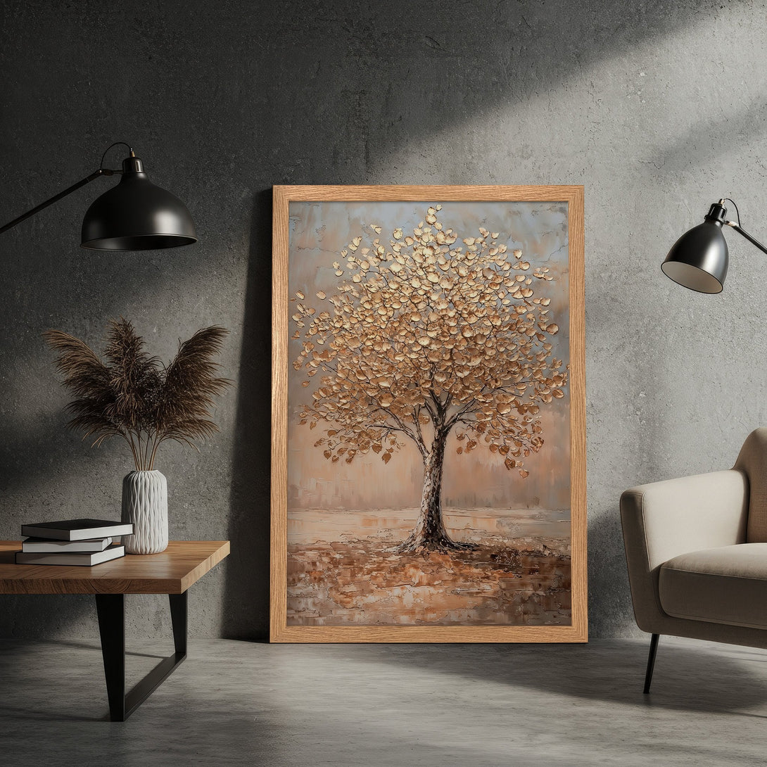Framed Poster featuring a textured gold leaf tree art print. Neutral color palette adds warmth and elegance to any space. Shop now!