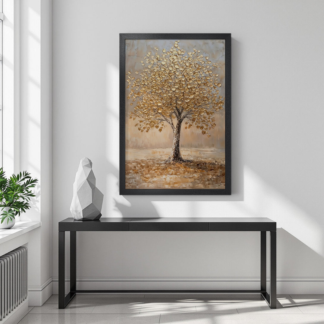 Framed Poster of a golden tree in a neutral color palette. Perfect wall art to elevate your home decor. Shop now!