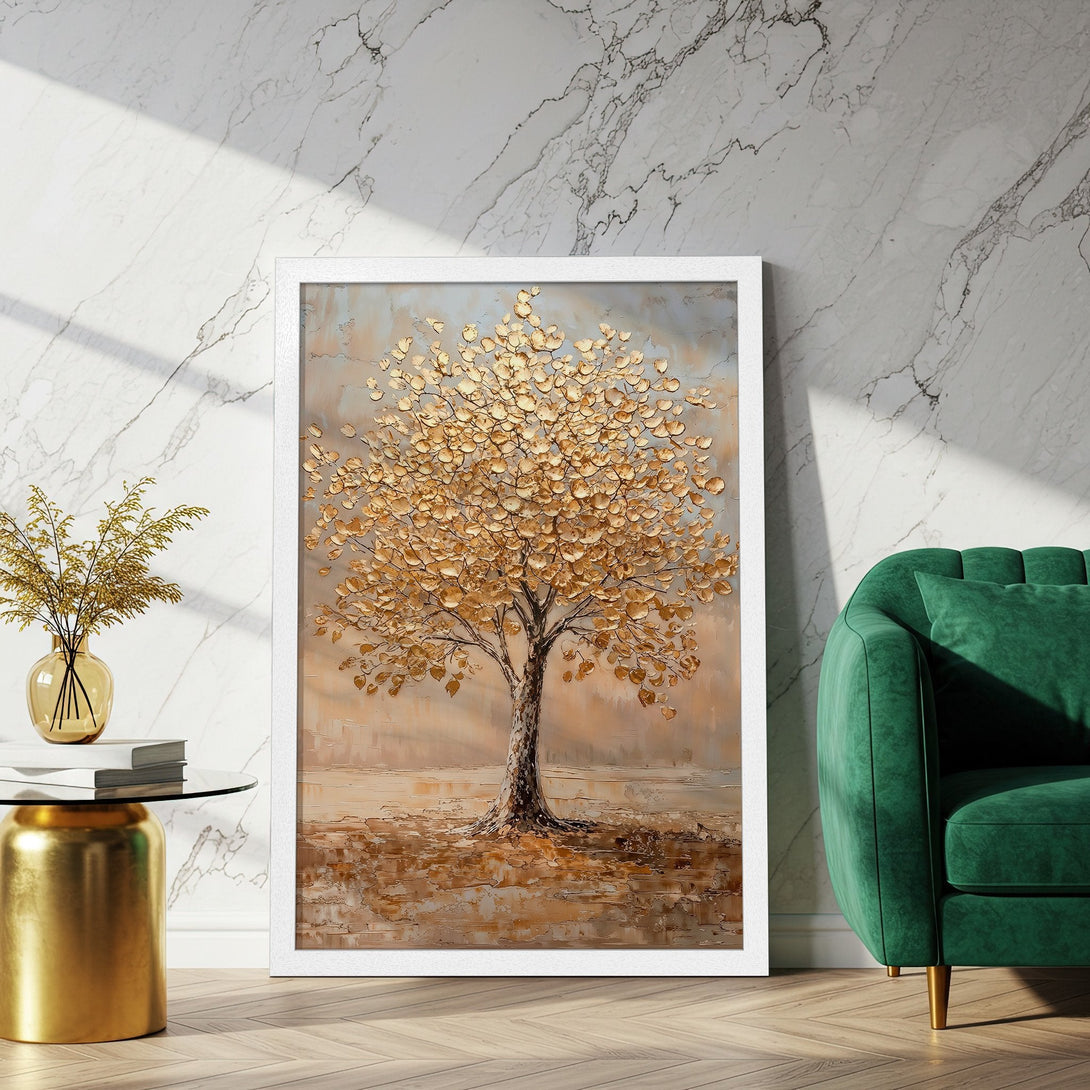 Framed Poster of a golden tree in a textured art style, with a warm neutral color palette. Perfect wall art for your home!