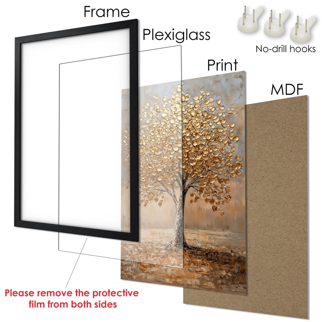 Framed Poster of a golden tree in a neutral color palette. Modern art print for home decor.