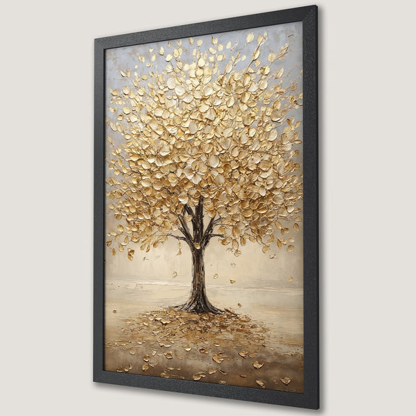 Framed Poster of a golden textured tree art. Elegant style with gold, beige, and gray color palette. Perfect wall decor.