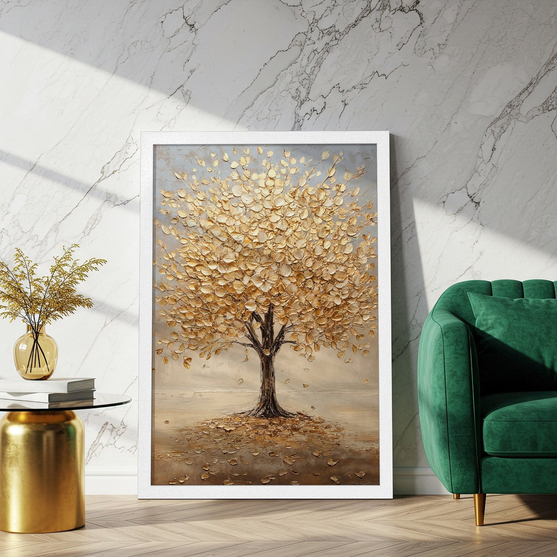Framed Poster of a golden textured tree art print. Modern style, neutral and warm color palette. Perfect for home decor.