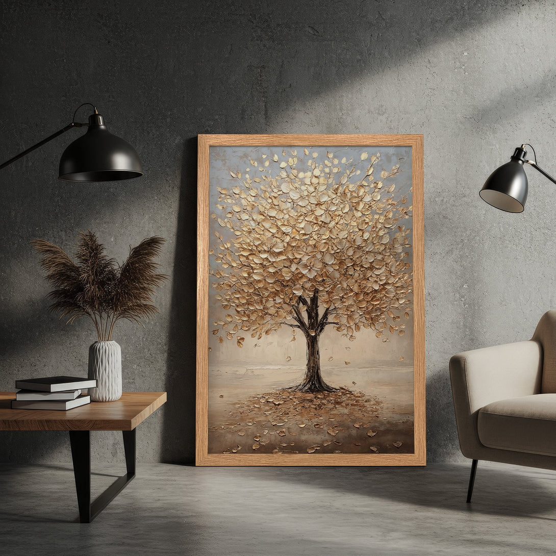 Framed Poster of a textured tree in gold and beige tones, perfect for modern home decor.