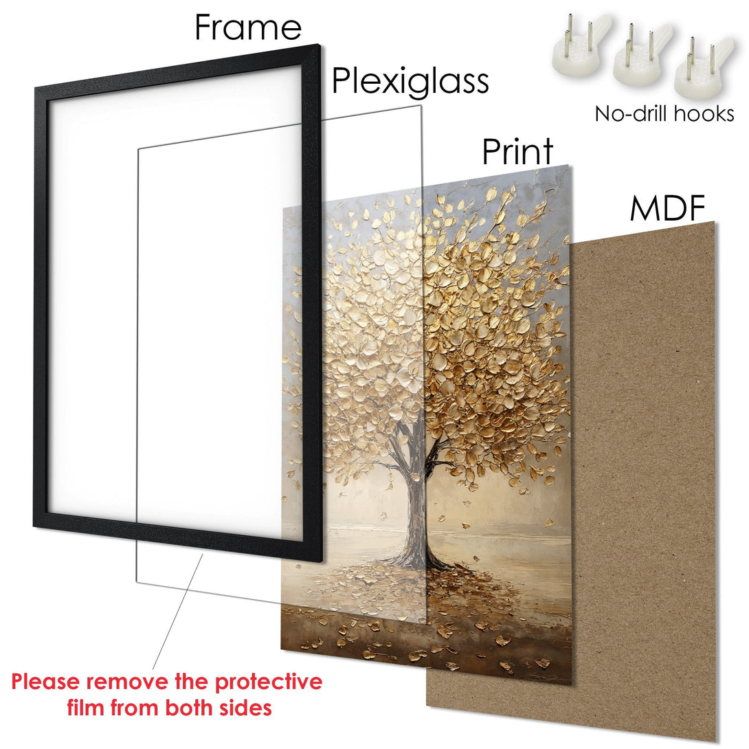 Framed Poster featuring a textured gold tree painting, neutral color palette. Modern art for your home!