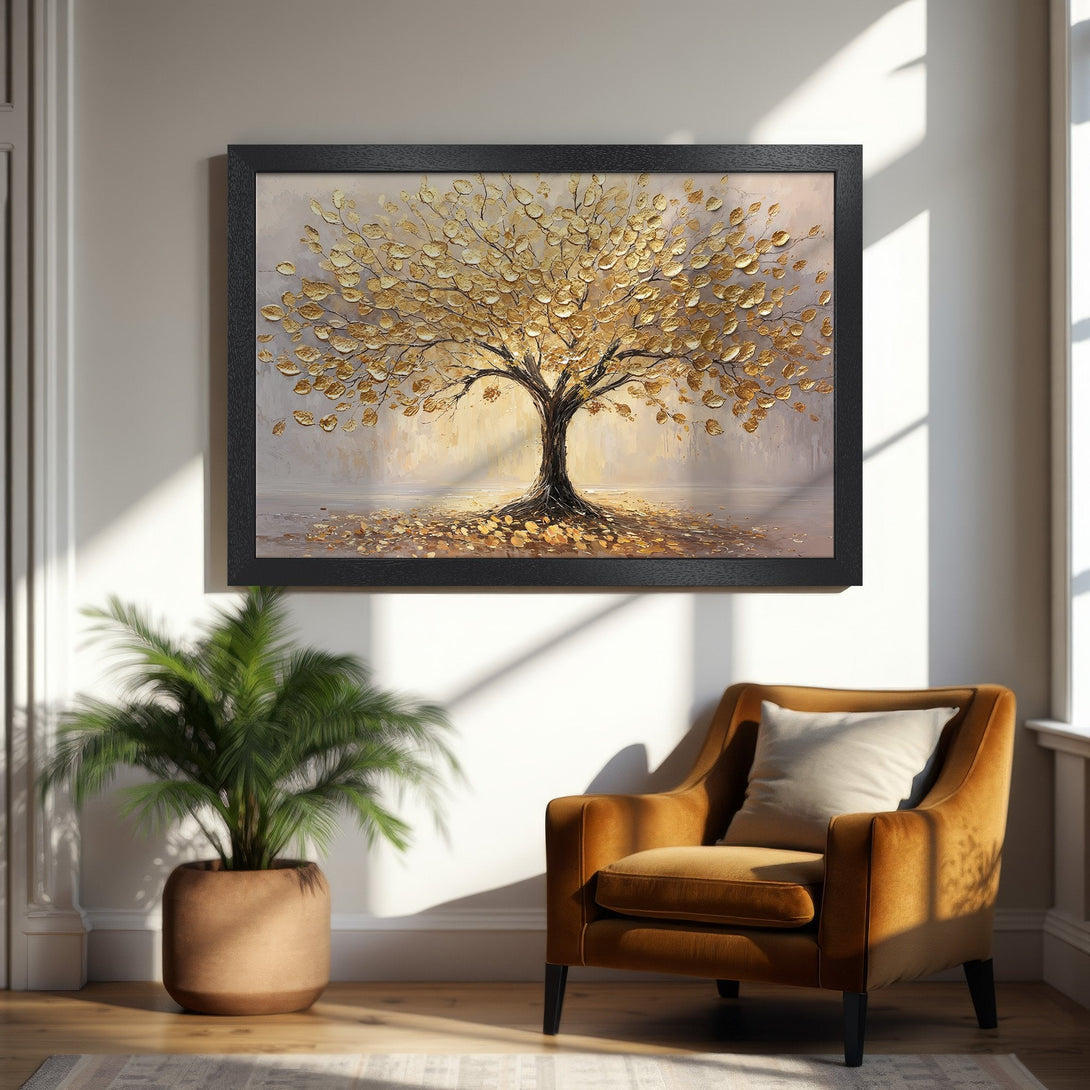 Framed Poster of a golden tree art print. Modern style with warm gold and neutral color palette. Perfect wall decor.