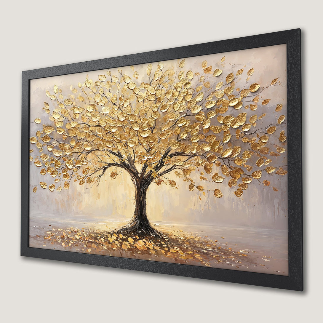Framed Poster featuring a golden tree art print. Textured, abstract style with warm gold, brown, and neutral color palette. Perfect wall decor.